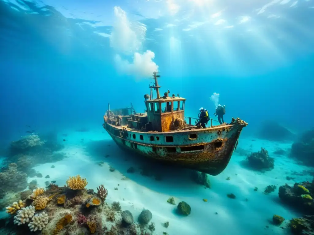 Excavación submarina: exploración de un naufragio antiguo Emocionante expedición marítima descubriendo tesoros en un naufragio, rodeados de vida marina en aguas cristalinas