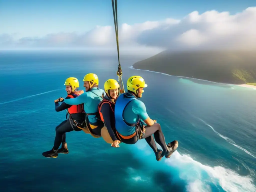 Emoción en Zipline sobre el Océano: Aventureros en Acción Emocionante tirolesa sobre el océano, aventureros surcando el horizonte