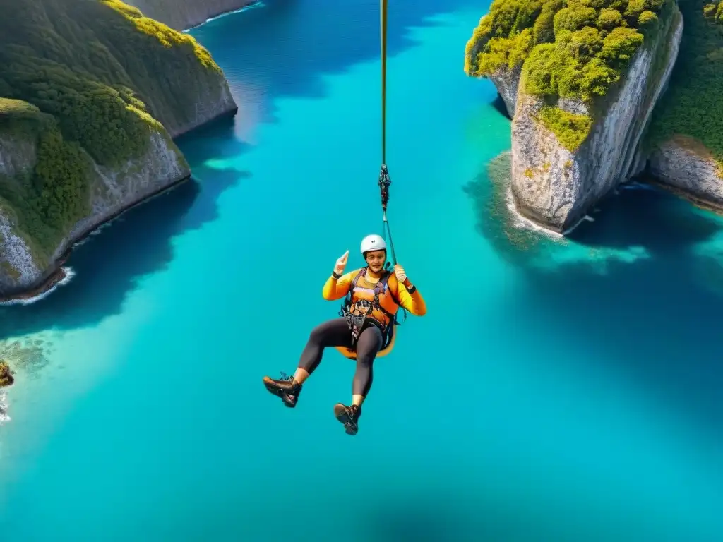 Emoción en Zipline sobre aguas turquesas Emocionante tirolesa sobre el océano, entre acantilados verdes y cielo azul brillante