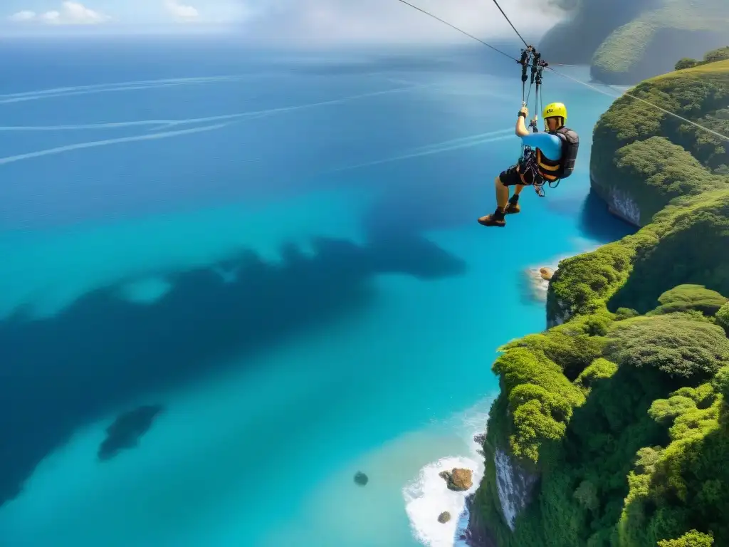 Emoción en lo alto: Ziplining sobre el océano Emocionante tirolesa sobre el océano: aventura, panorámica y emoción en el cielo despejado