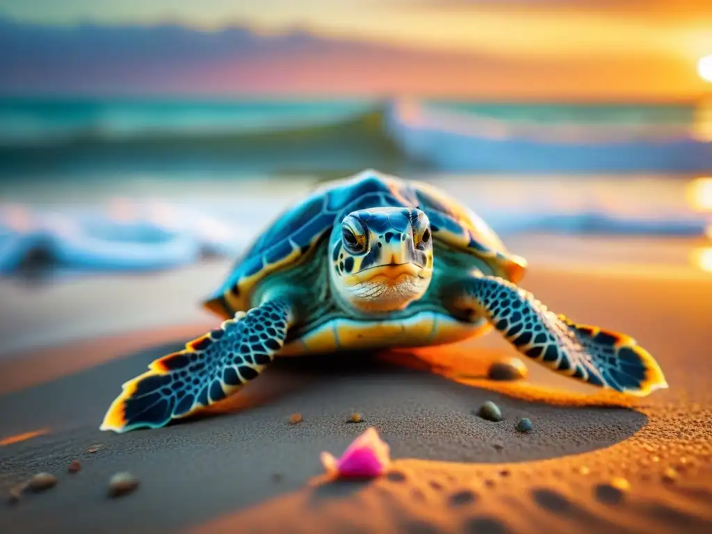 Emotiva liberación de crías de tortugas marinas al atardecer Emocionante liberación de crías de tortugas marinas al mar al atardecer, resaltando Proyectos de conservación costera