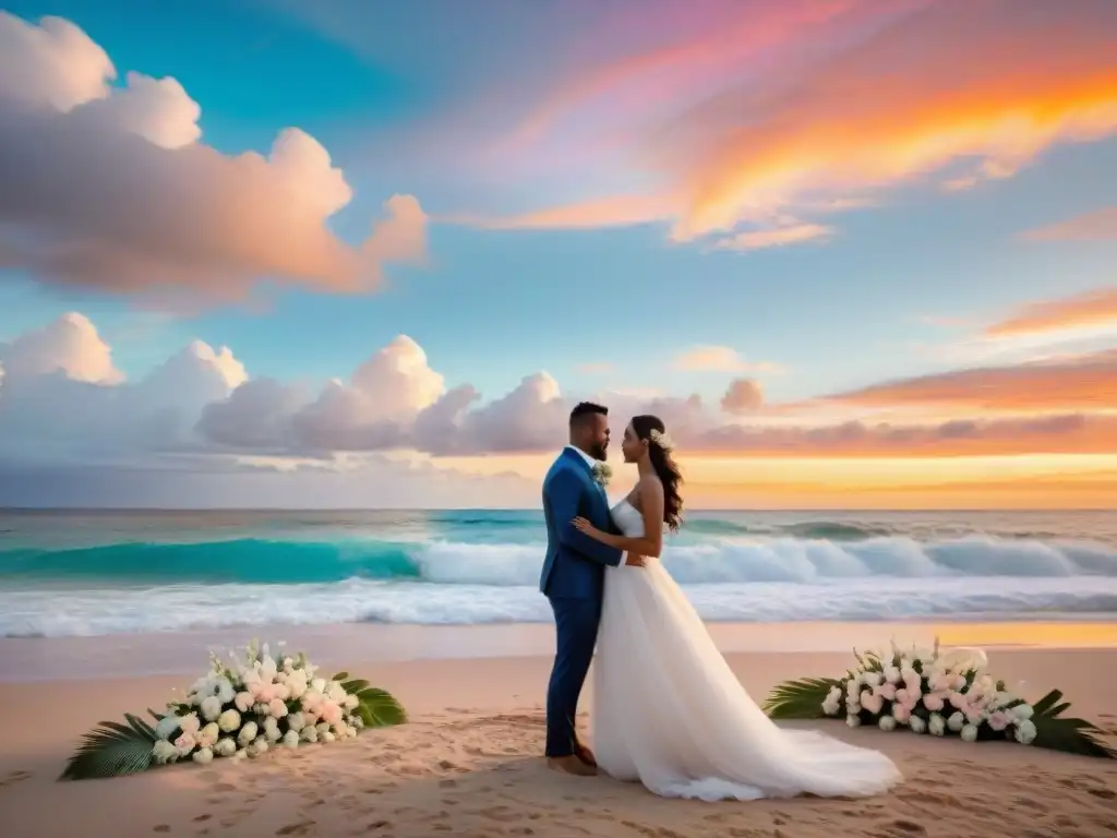 Boda en la playa al atardecer: amor bajo la luz dorada Emotiva boda en la playa al atardecer: pareja intercambia votos frente al mar, rodeados de palmeras y flores blancas
