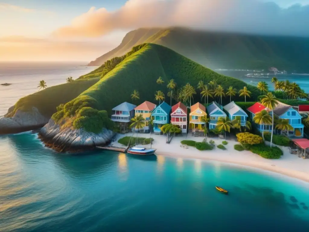 Costa serena al amanecer: casas coloridas y barcas en aguas tranquilas Un encantador amanecer en un pueblo costero sereno, con casas coloridas, botes de pesca y palmeras