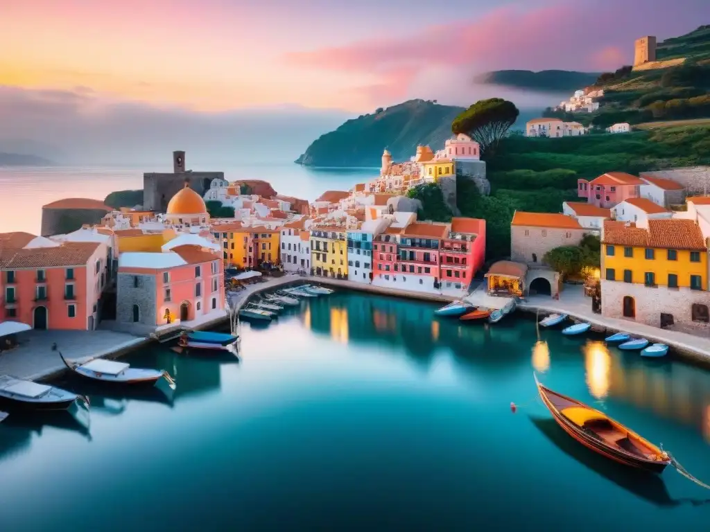 Pintoresco pueblo costero al atardecer: armonía y encanto Un encantador pueblo costero al atardecer con un pintoresco puerto y botes coloridos en aguas tranquilas