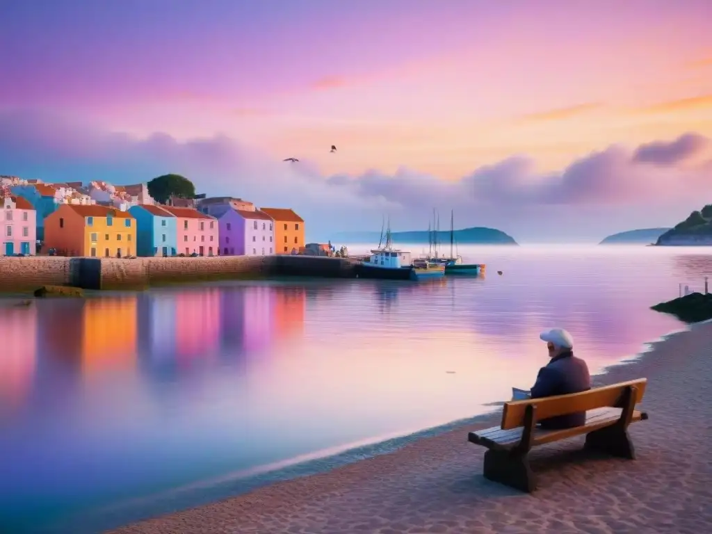 Pintoresco pueblo costero al atardecer: tranquilidad y serenidad Encantador pueblo costero al atardecer, con edificios pastel, botes y ancianos felices