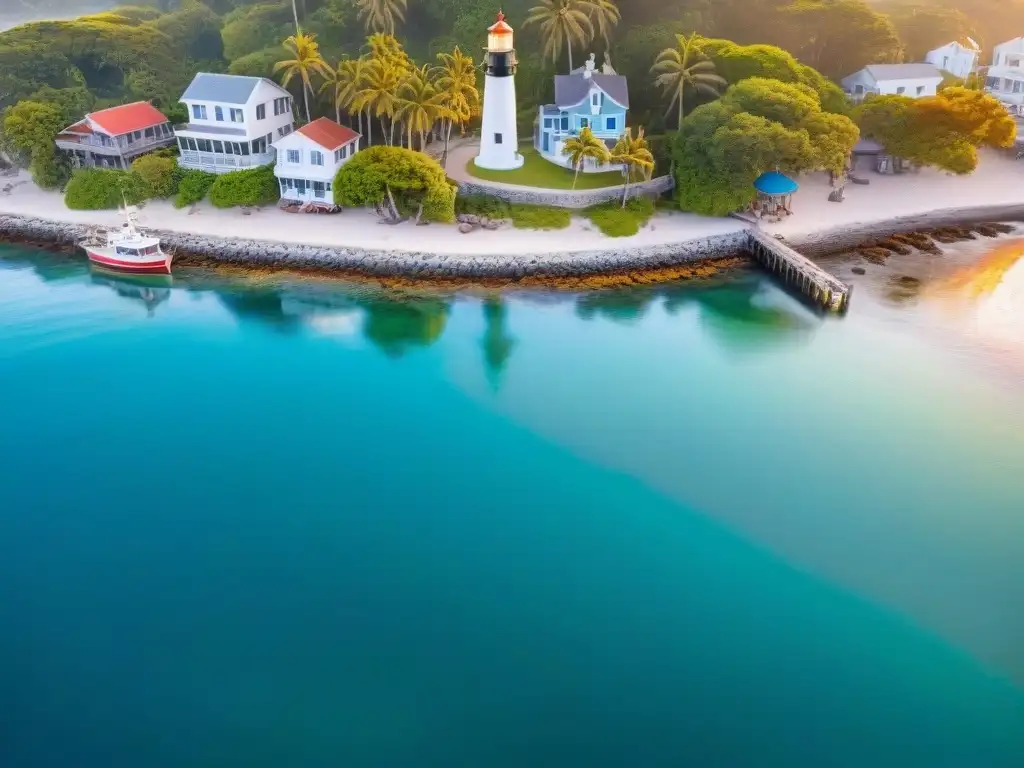 Pintoresco atardecer en un pueblo costero: barcos, faro y palmeras Un encantador pueblo costero con barcos pesqueros coloridos en un muelle vibrante, bajo la luz del atardecer
