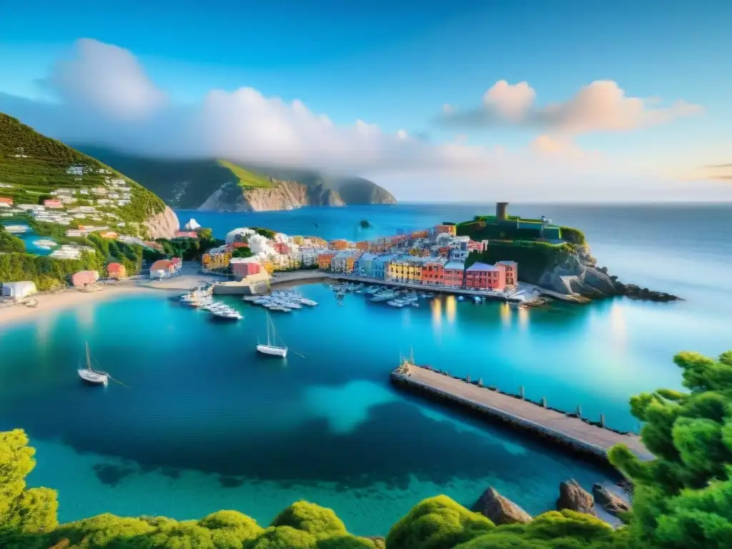 Encanto costero: vida serena y colorida para tu seguro premium Encantador pueblo costero con casas coloridas, puerto tranquilo lleno de botes y cielo azul