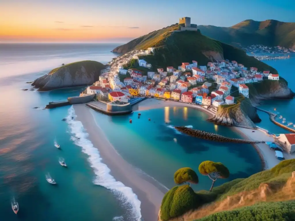 Pintoresco pueblo costero al atardecer Encantador pueblo costero entre colinas y playa, casas coloridas, barcos pesca, atardecer dorado, gaviotas