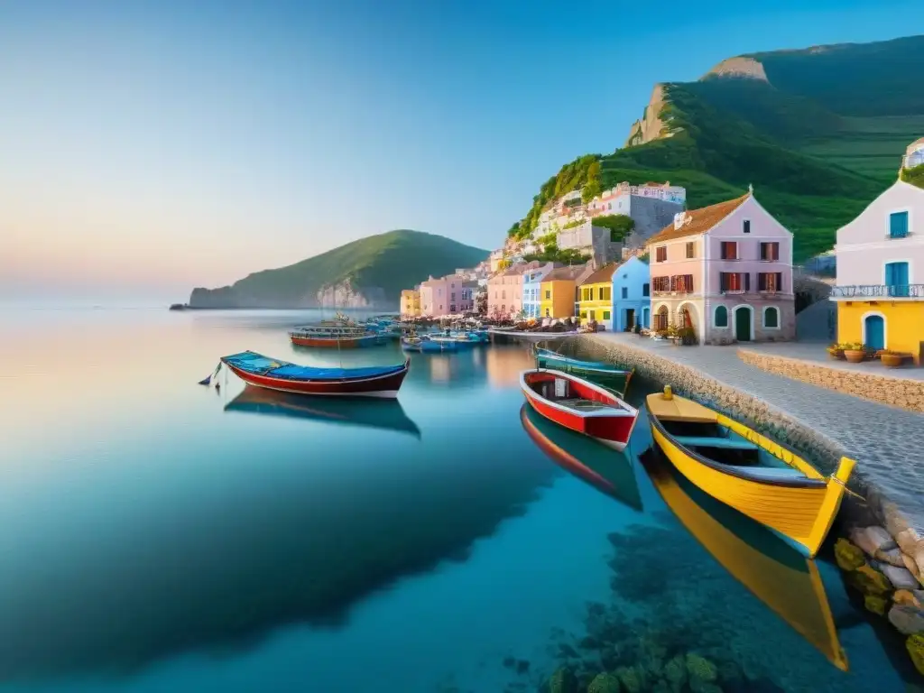 Pintoresco pueblo costero al amanecer: calma y encanto Encantador pueblo costero al amanecer con pescadores y mercado, reflejando tranquilidad