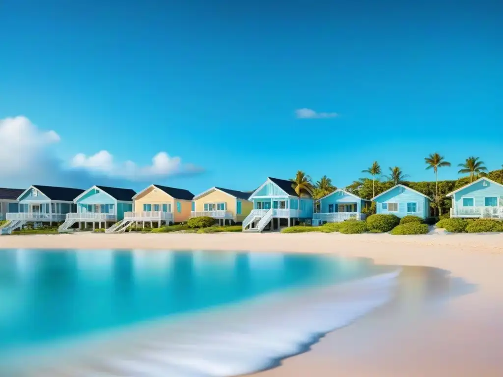 Tranquilo paraíso costero: Cabañas pastel junto al mar Encantador pueblo costero para el retiro con cabañas pastel, palmeras y playa