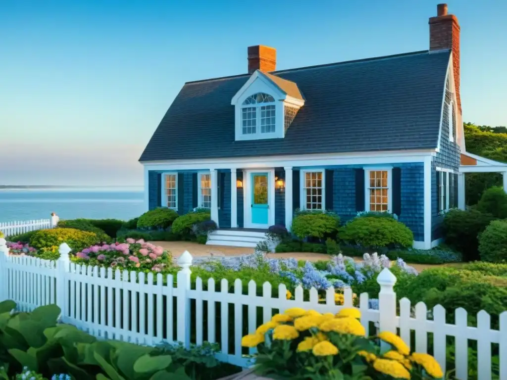 Acolchado hogar costero: Casa estilo Cape Cod en el mar Encantadora casa estilo Cape Cod junto al mar, con valla blanca, flores vibrantes y muelle de madera