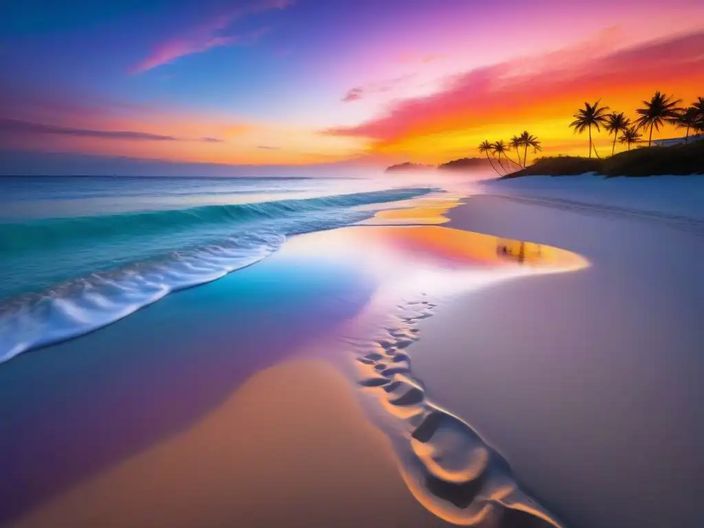 Romántico atardecer en playa paradisíaca Una encantadora pareja pasea al atardecer en una bahía aislada con aguas turquesas cristalinas y palmeras ondeando