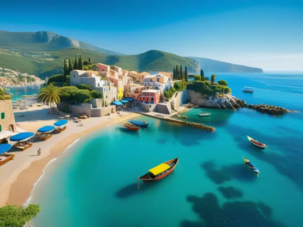 Vida mediterránea: vibrante pueblo costero, pesca y mercado Una encantadora villa costera del Mediterráneo, con coloridos barcos pesqueros, cielo azul y mar brillante