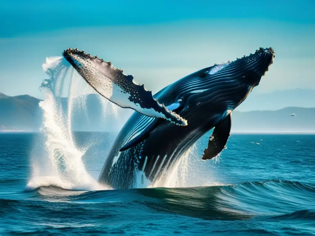 Ballena jorobada saltando: detalle y emoción marina Encuentros cercanos vida marina costa: Imagen detallada de ballena jorobada saltando del mar, con gotas de agua brillantes alrededor, bajo cielo azul