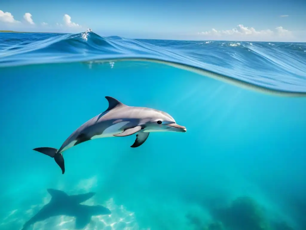 Delfines juguetones en aguas cristalinas de Zanzíbar Encuentros cercanos con la vida marina en la costa: manada de delfines salvajes saltando en aguas turquesas de Zanzíbar, bajo la luz del sol