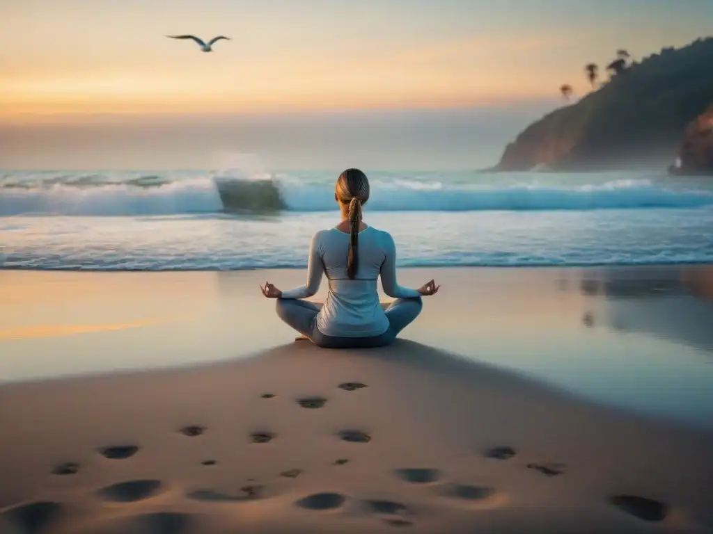 Costa serena al amanecer: conexión espiritual en la playa La energía espiritual y los beneficios del bienestar se reflejan en la serenidad de una costa al amanecer, con una figura practicando yoga
