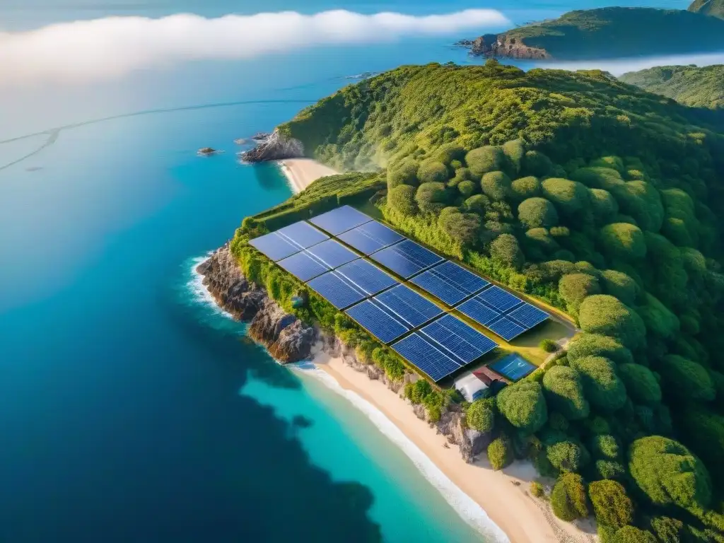 Propiedad costera con paneles solares en un entorno natural Energía solar en la costa: Panel solar brillando sobre propiedad costera con paisaje verde y mar brillante bajo cielo azul