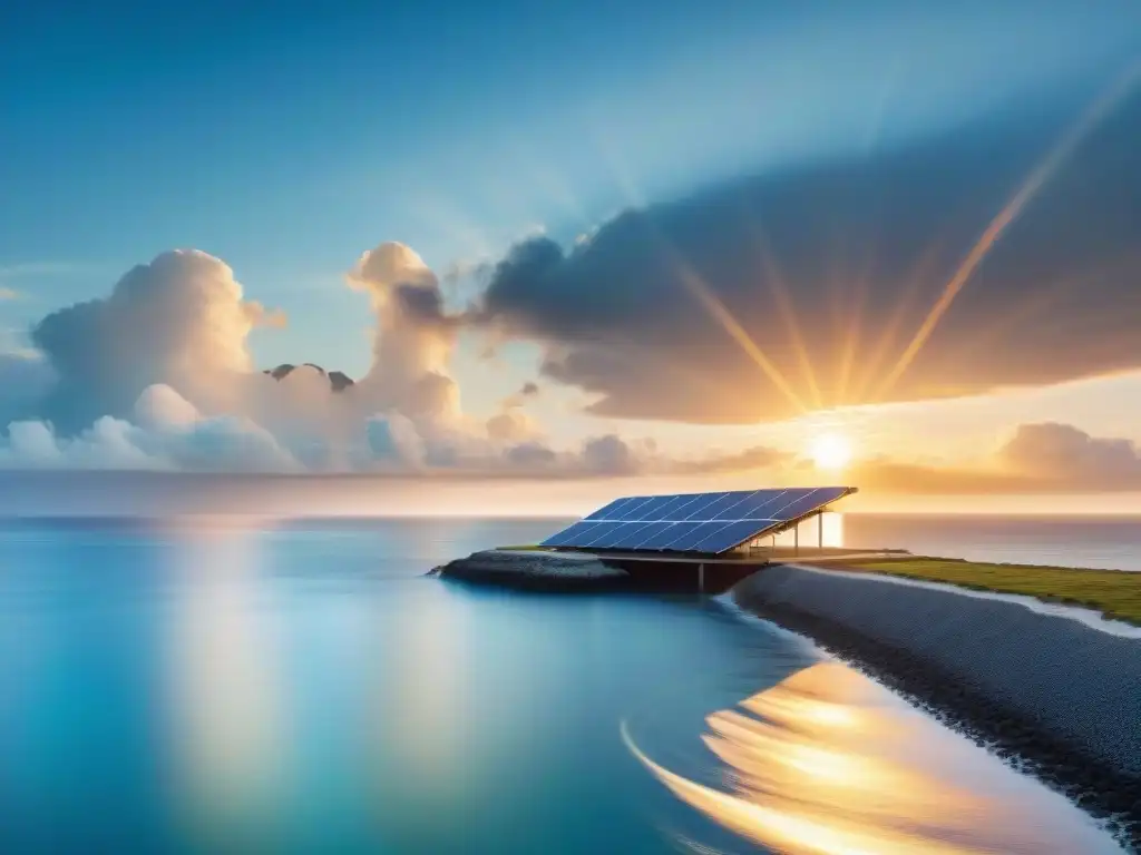 Propiedad costera con paneles solares integrados: belleza sostenible Energías renovables para propiedades costeras: Integración armónica de paneles solares en casa frente al mar al atardecer