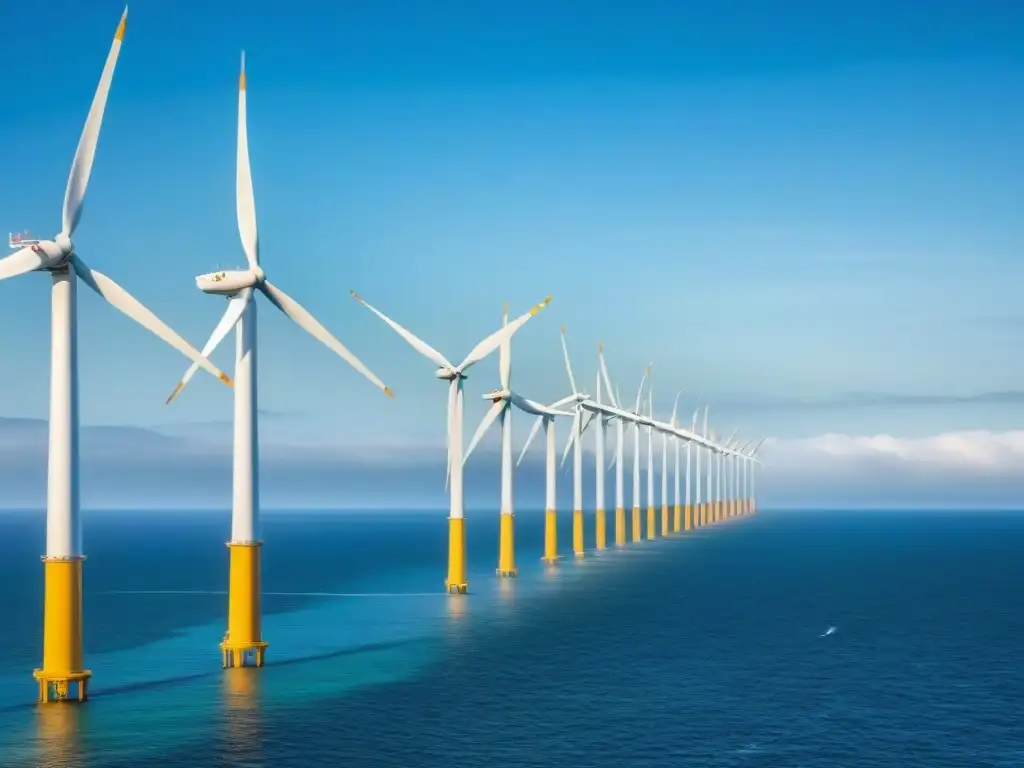 Maravilla eólica: turbinas en el mar Energías renovables para propiedades costeras: Majestuosa granja eólica marina con turbinas gigantes girando en armonía con el mar