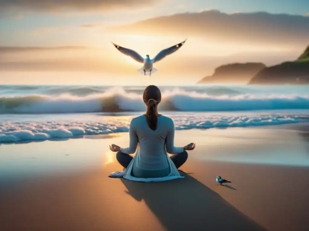 Playa serena al amanecer: meditación y tranquilidad frente al mar Meditación y mindfulness en entornos costeros: Playa serena al amanecer con figura en postura de meditación y gaviotas volando