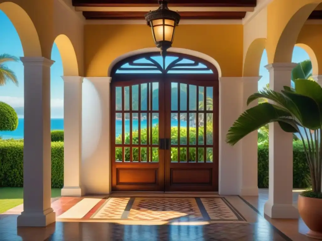 Entrada majestuosa de mansión costera: detalles de madera y azulejos Entrada detallada de una mansión estilo hacienda en la costa