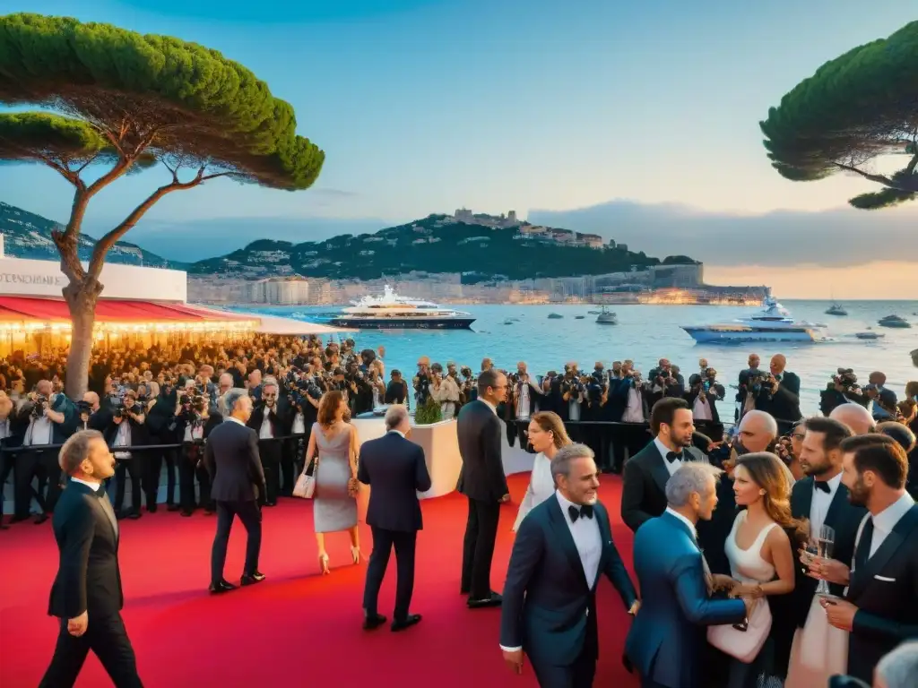 Espectacular alfombra roja del Festival de Cannes al atardecer Entrada glamorosa del Festival de Cine Cannes costa al anochecer, con celebridades, paparazzi y seguridad