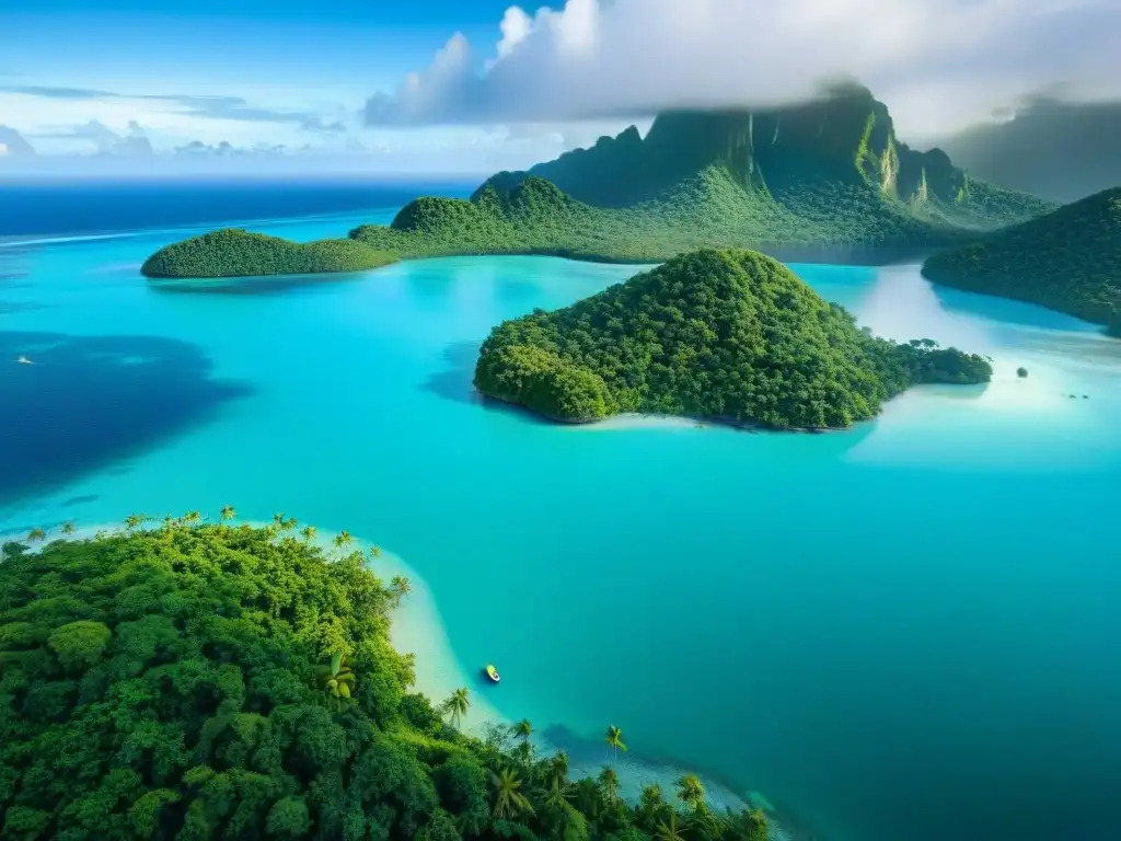 Paraíso tropical: laguna turquesa y bosque exuberante Equilibrio entre turismo en islas paradisíacas: lago turquesa rodeado de exuberante vegetación y barcos en agua serena
