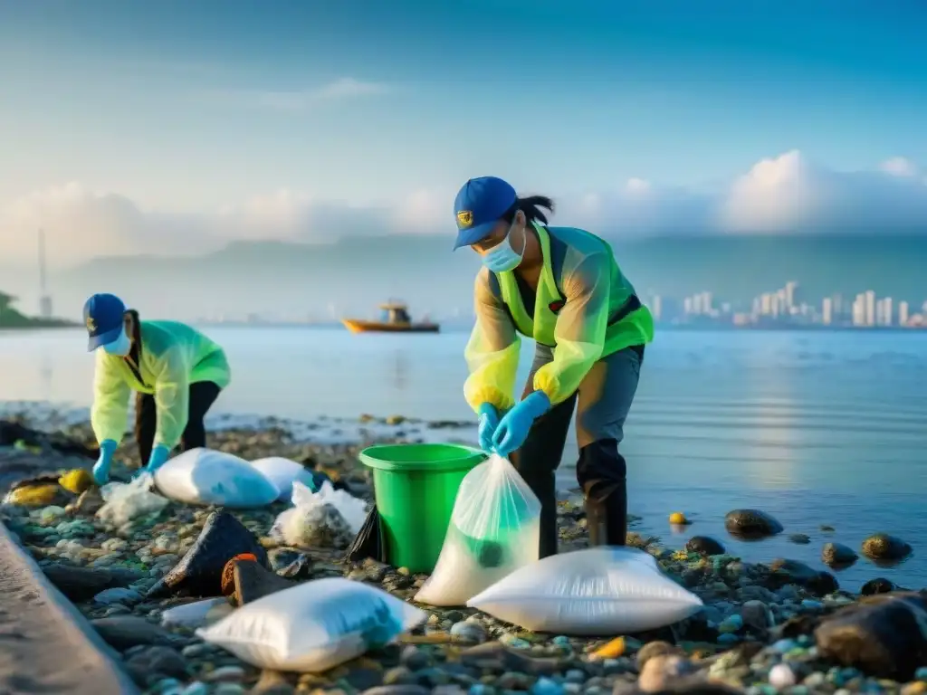 Equipo ambiental recogiendo basura en Manila Bay Equipo ambiental limpia playas contaminadas en Manila Bay, transmitiendo esperanza y progreso en la restauración