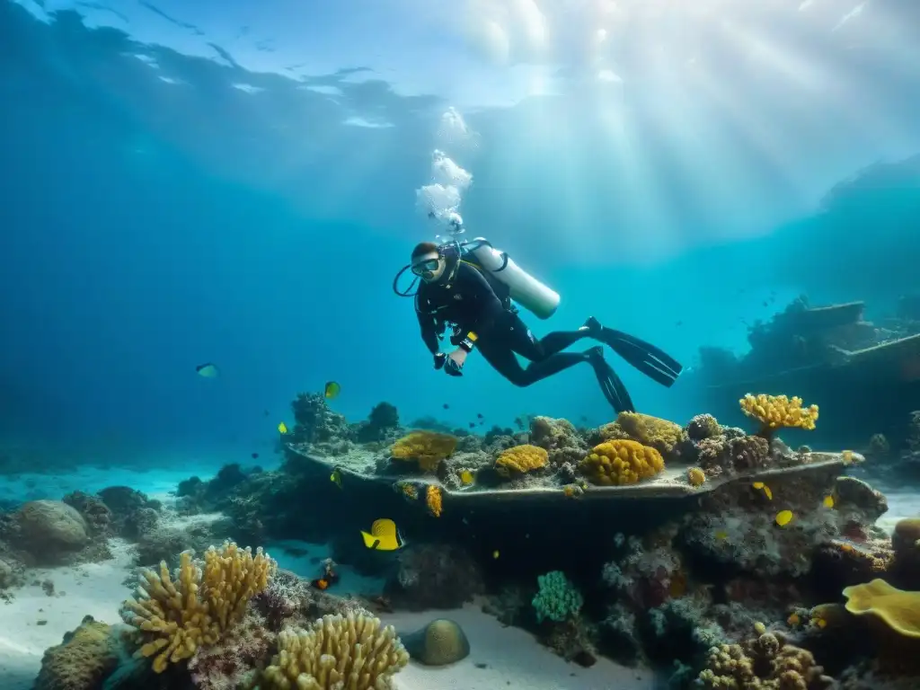 Excavación de naufragio: arqueólogos marinos exploran misterios submarinos Equipo de arqueología submarina descubriendo secretos costeros entre corales y vida marina