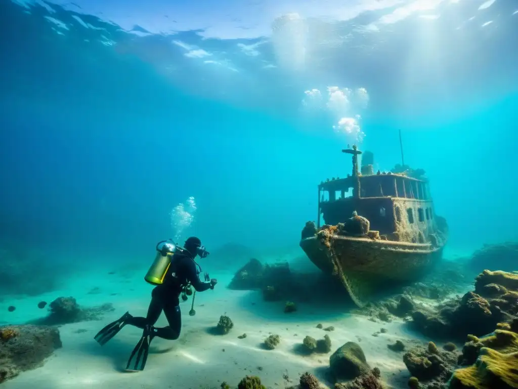 Excavación submarina: tesoros ancestrales en aguas cristalinas Equipo de arqueólogos submarinos descubriendo secretos costeros en un naufragio antiguo rodeado de vida marina vibrante