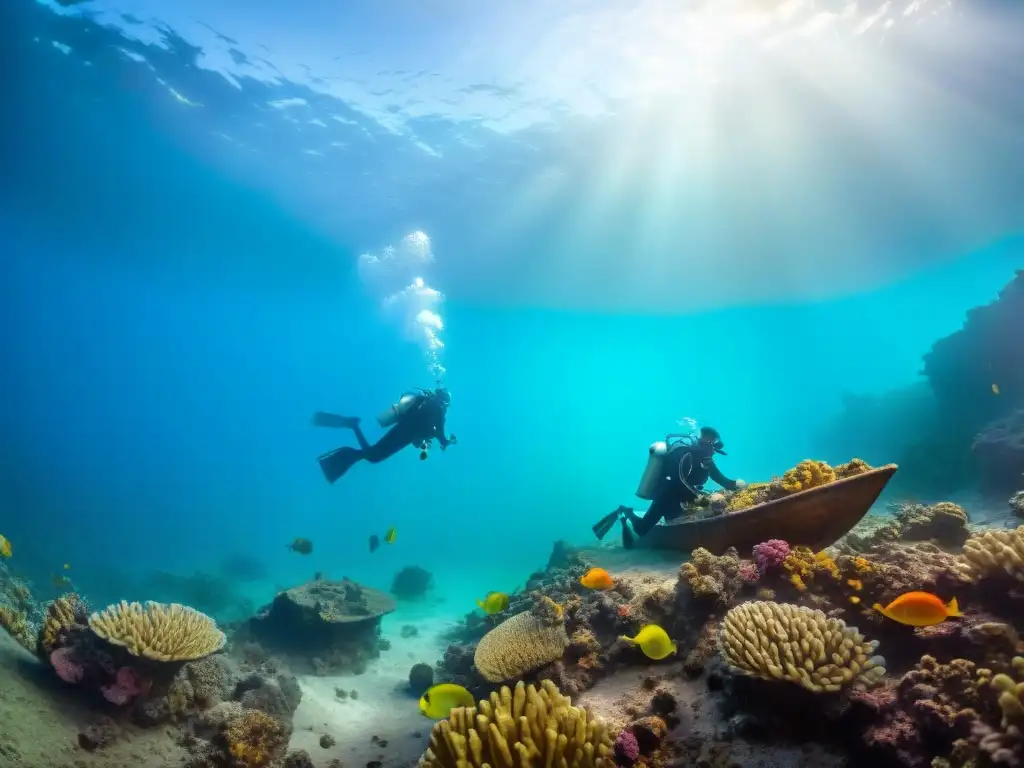 Excavación submarina: descubriendo tesoros antiguos Equipo de arqueólogos submarinos descubriendo secretos costeros en un barco hundido, rodeados de peces y corales coloridos
