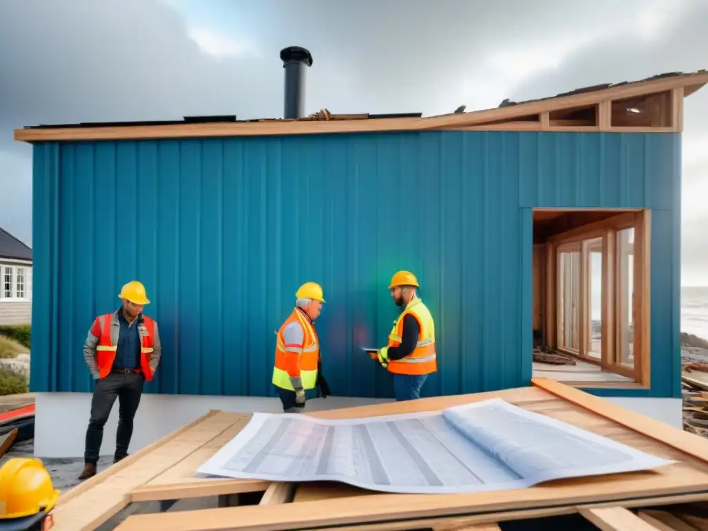 Equipo de arquitectos y ingenieros evaluando daños en casa costera Equipo de arquitectos y ingenieros examinan casa costera dañada por tormenta, planificando restauración