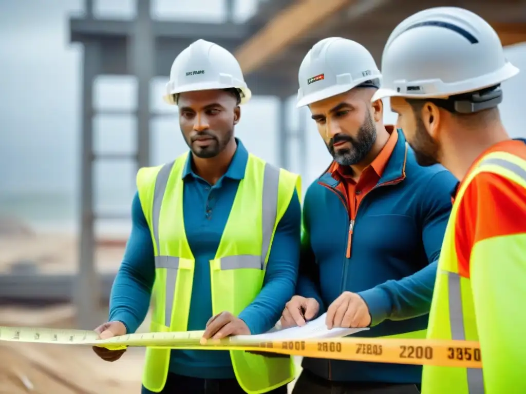 Equipo de expertos inspeccionando base en obra costera Equipo de arquitectos y ingenieros inspeccionando detalladamente los cimientos de un sitio de construcción costera