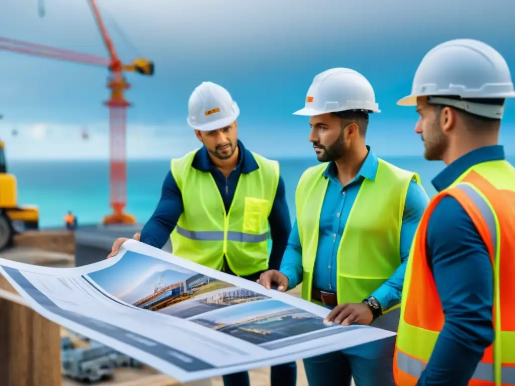 Equipo de arquitectos y ingenieros en obra costera Equipo de arquitectos y ingenieros en obra costera, planificando y colaborando en proyecto