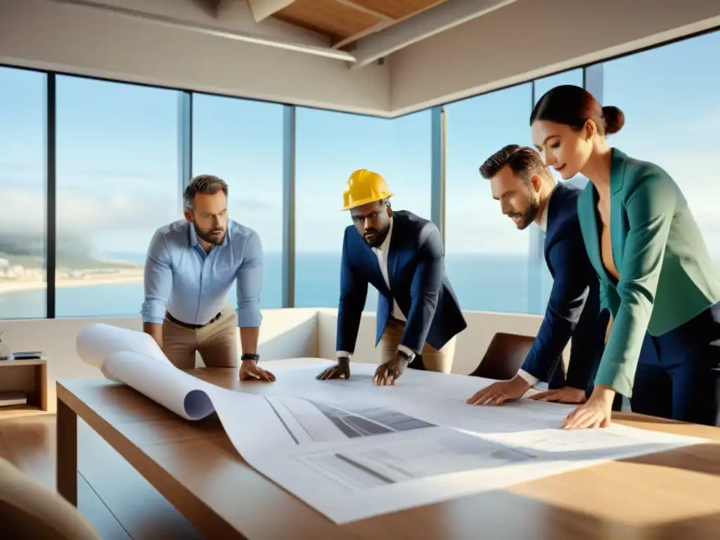 Revisión detallada de planos en oficina moderna junto al mar Equipo de arquitectos y ingenieros revisando planos en oficina moderna con vista a obra costera