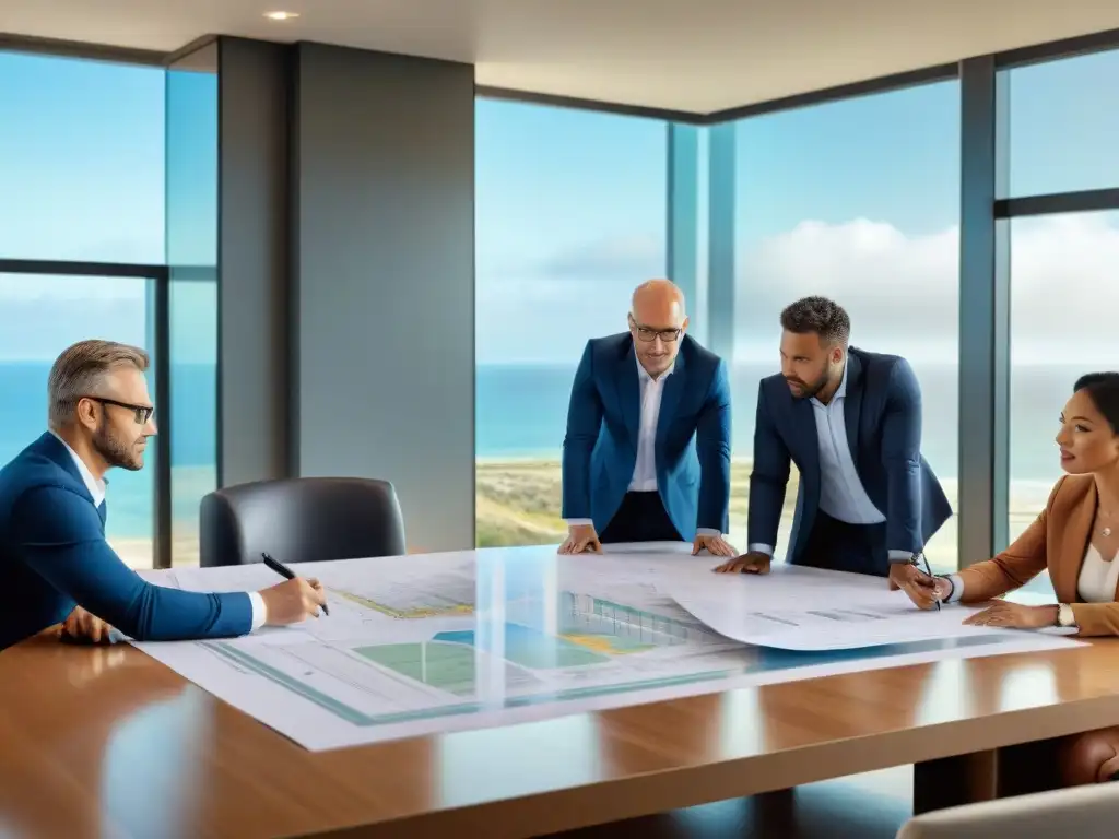 Profesionales debatiendo planos en proyecto de construcción costera Equipo de arquitectos y ingenieros revisando planos y mapas en mesa de conferencias, con vista a obra costera