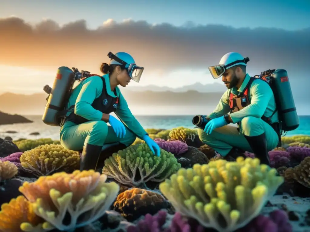 Equipo de biólogos marinos investigando la vida marina al atardecer Equipo de biólogos marinos en acción, investigando arrecifes de coral al atardecer