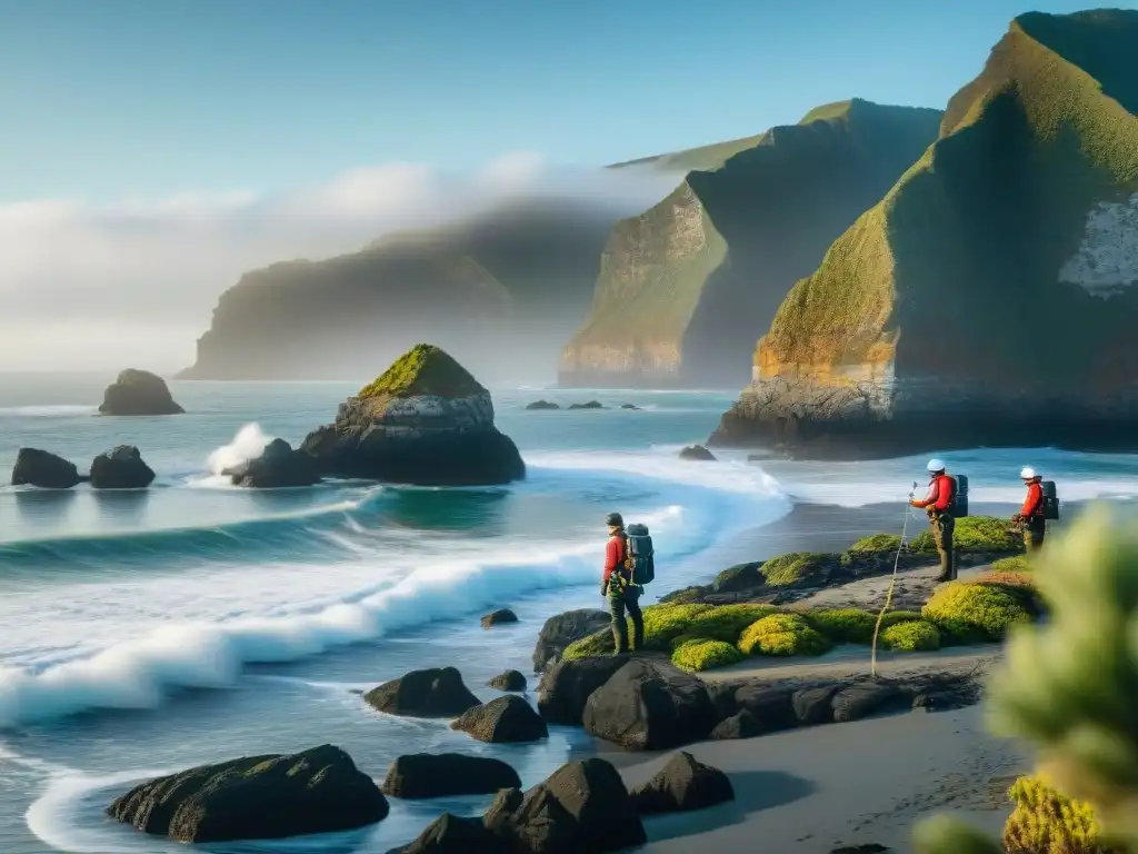 Equipo de biólogos marinos en investigación costera Equipo de biólogos marinos realizando investigación en costa remota, en un paisaje impresionante de acantilados y océano brillante
