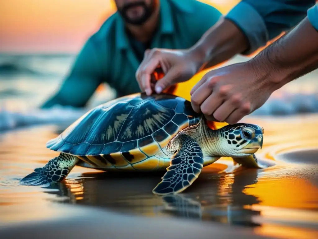 Emocionante liberación de crías de tortugas marinas al atardecer Equipo de biólogos marinos liberando crías de tortuga marina al océano al atardecer, resaltando la conservación ecosistemas costeros turismo