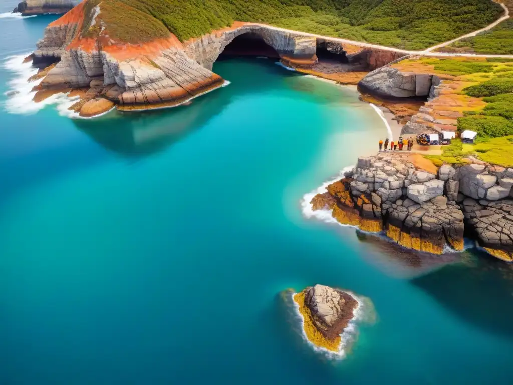 Exploración costera: biólogos marinos en acción Equipo de biólogos marinos realizando estudios de conservación costera en una impresionante fotografía aérea