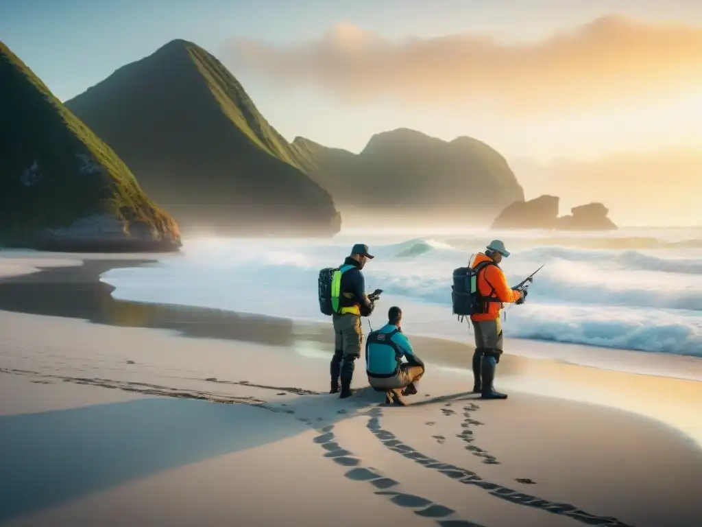 Equipo de biólogos marinos en acción: conservación costera Equipo de biólogos marinos realizando estudios de conservación costera en una playa, con aves coloridas y un atardecer impresionante de fondo