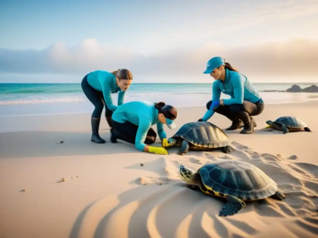 Conservación costera: Investigación marina y limpieza comunitaria Equipo de biólogos marinos investigando nidos de tortugas, con voluntarios limpiando la playa