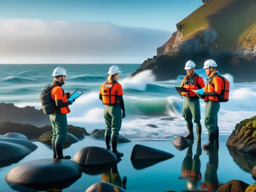 Investigación marina: científicos en acción en la costa Un equipo de biólogos marinos realizando investigación en un áspero litoral, con las olas del océano rompiendo en las rocas