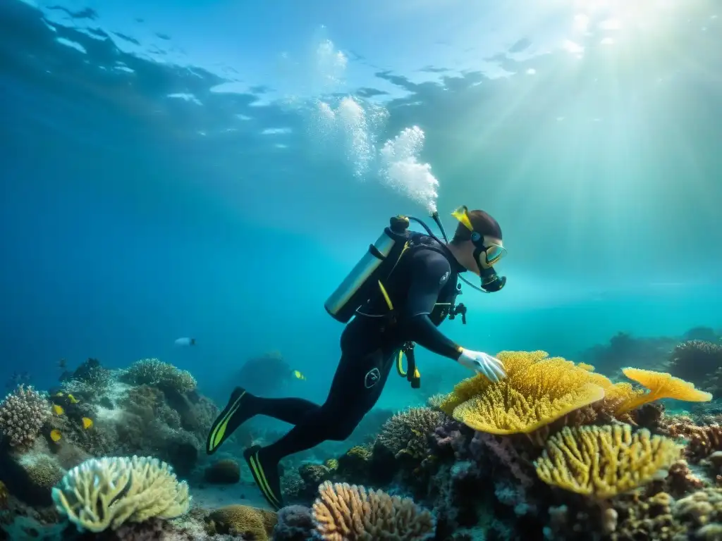 Equipo de biólogos marinos restaurando corales en arrecife dañado Equipo de biólogos marinos realizando restauración de arrecifes con fragmentos de coral, en un paisaje submarino vibrante