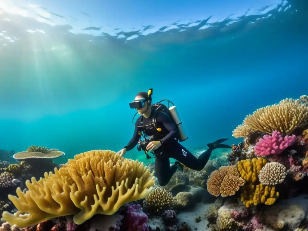 Marine biólogos protegiendo arrecifes de coral con tecnología avanzada Equipo de biólogos marinos usando tecnología avanzada para proteger arrecifes de coral