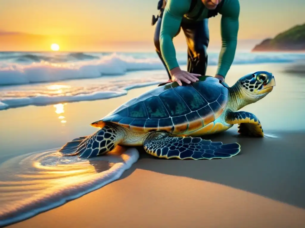 Equipo liberando tortugas marinas al atardecer: esperanza y conservación Equipo de biólogos marinos liberando tortugas marinas al atardecer