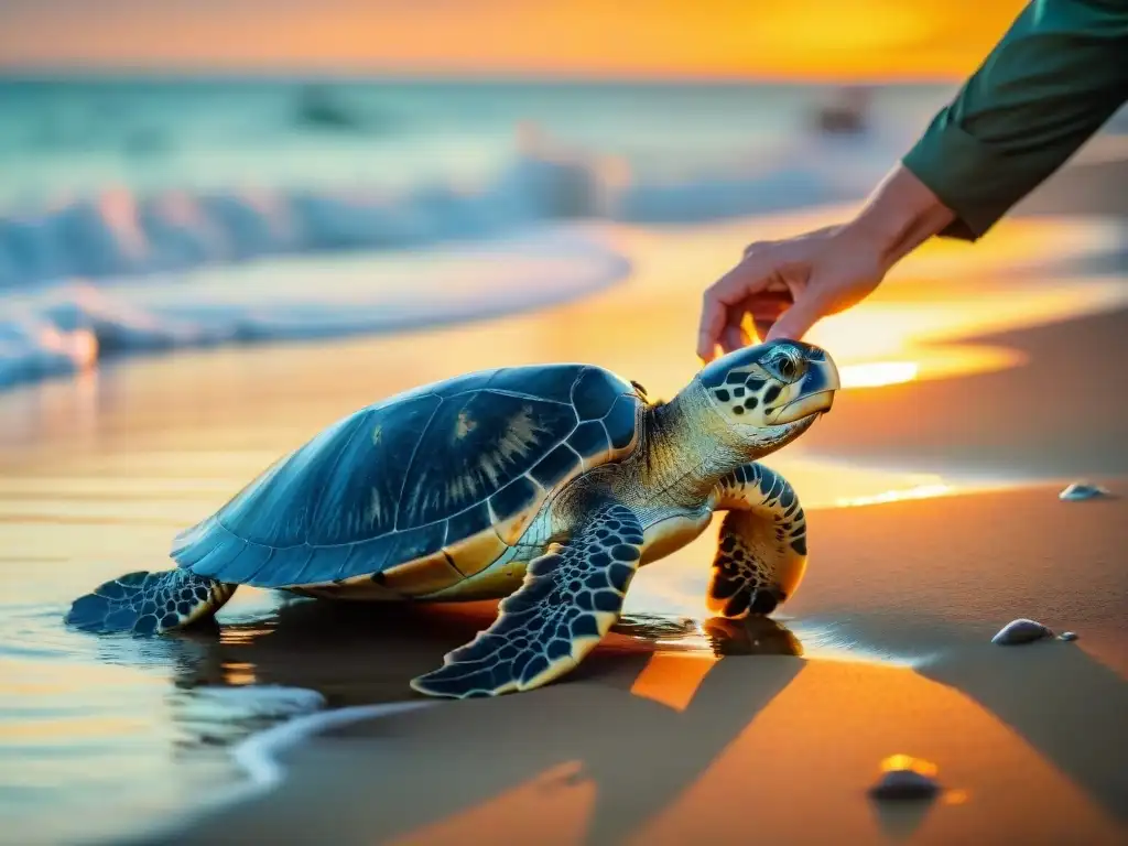 Equipo de biólogos marinos liberando tortugas marinas al atardecer Equipo de biólogos marinos liberando tortugas marinas rehabilitadas al océano al atardecer, reflejando conservación biodiversidad costera proyectos
