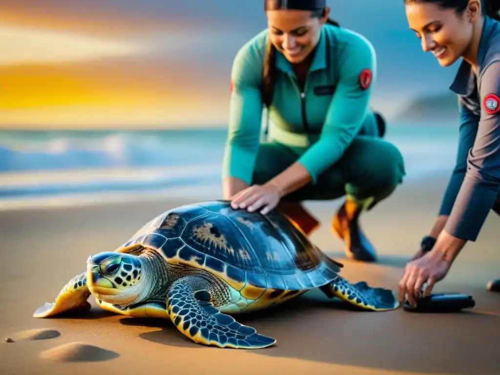 Emotiva liberación de tortugas marinas al atardecer en la costa Equipo de biólogos marinos liberando tortugas marinas en el océano al atardecer, conservación costera proyectos cambio cara