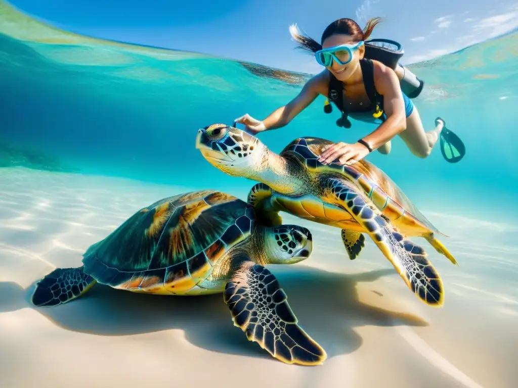 Libertad marina en EcoResort: Rescate de tortugas Equipo de biólogos marinos liberando tortugas marinas en un santuario marino desde un EcoResort, destacando la belleza natural