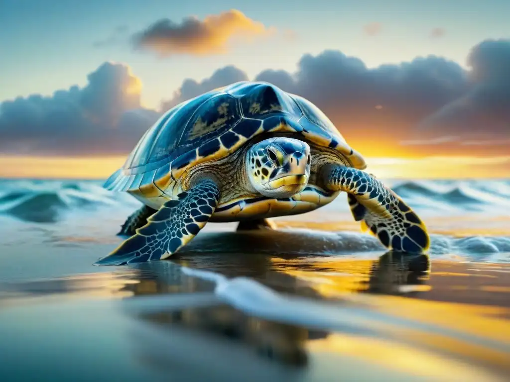 Emotiva liberación de tortugas marinas al atardecer: conservación marina Un equipo de biólogos marinos liberando tortugas marinas al atardecer en un emotivo acto de conservación costera